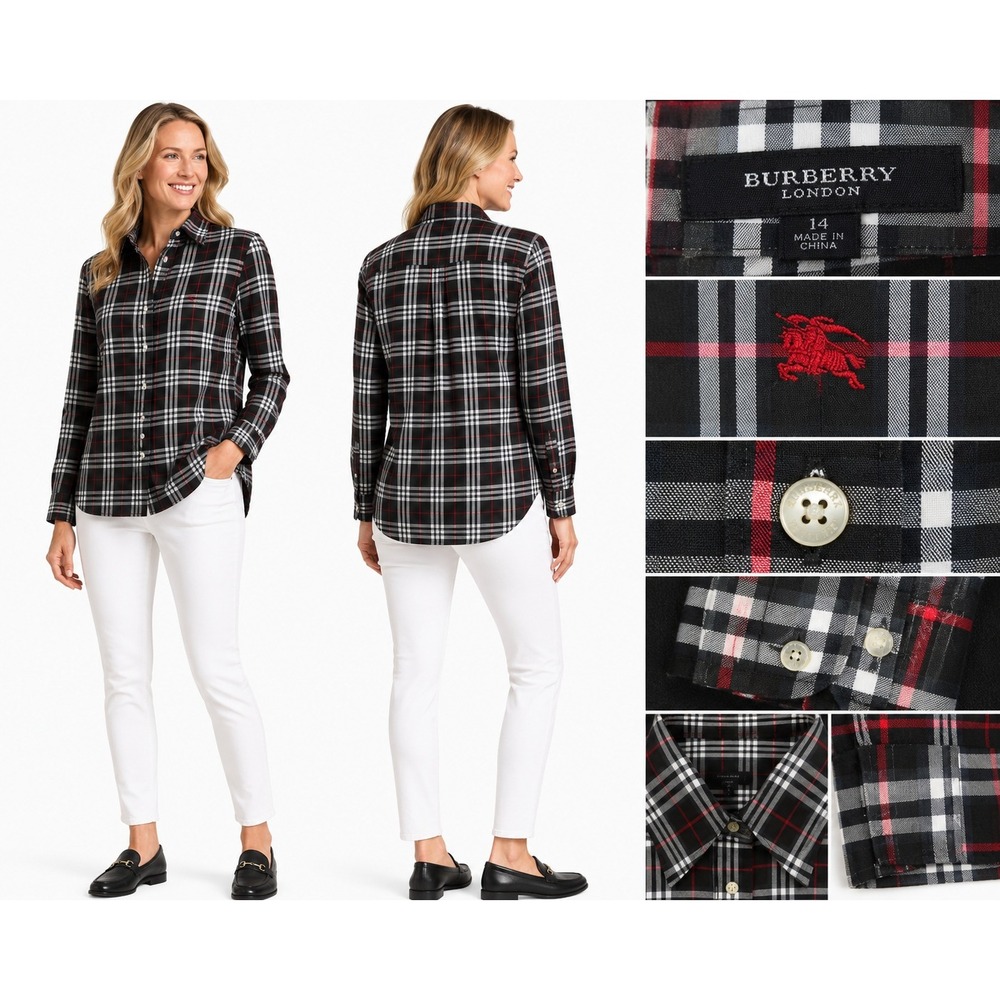 Burberry Button Down‎ Shirt Womens L Black Plaid London Check Long Sleeve Logo